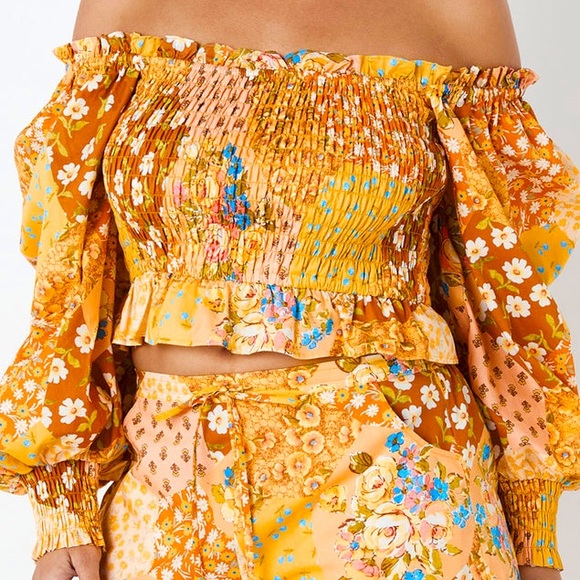 Spell x Free People Freda Shirred XS Yellow Organic Cotton Patchwork Smocked Top - Picture 10 of 16